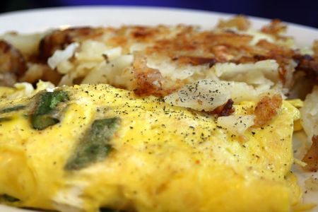Closeup of a Western omelet with fried potatoesの写真素材