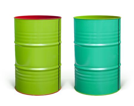 two coloured steel barrels on white background with pathsの写真素材