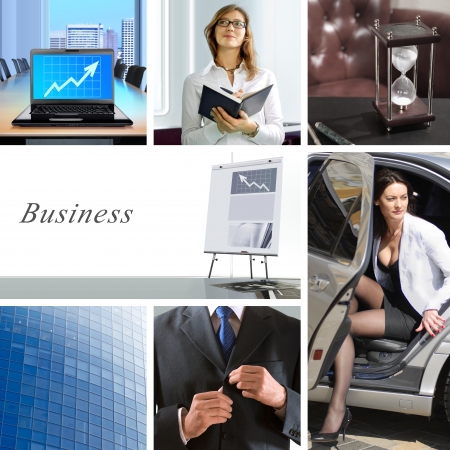 collage of business situations in modern world with companies and their workersの写真素材
