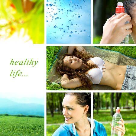 healthy life collage made in the forest with bottle of waterの写真素材