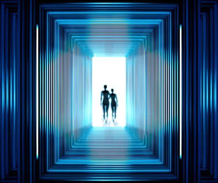 Fantastic tunnel from which is visible silhouette of aliensの写真素材