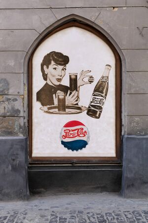 LVIV, UKRAINE - OCTOBER 06: advertizing of Pepsi on street on October 06, 2013 in Lviv.のeditorial素材