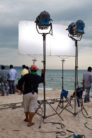 PATTAYA, THAILAND - DECEMBER 22: Team of professionals shoots film on the coast on December 22, 2013 in Pattaya.のeditorial素材