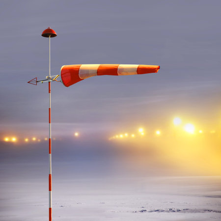 Meteorology windsock inflated by wind in airport at  non-flying night