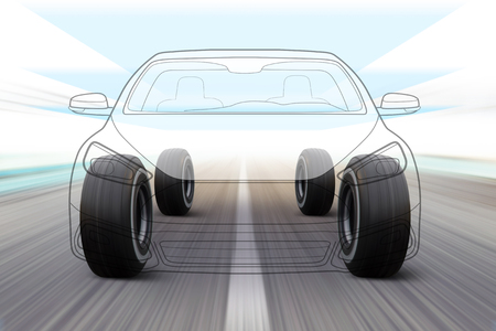 3D illustration of car like outline on road with high speedの写真素材