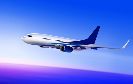 flying-up white passenger aircraft in the sky at sunriseの写真素材