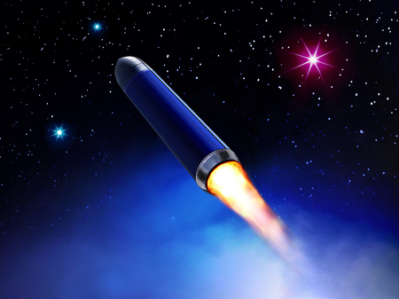 3D illustration of rocket flies in space among starsの写真素材