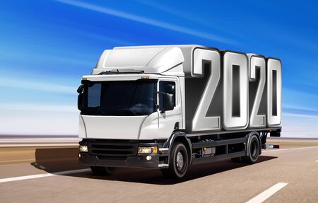 White truck like incoming year 2020 moving on roadの写真素材