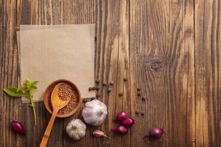 Spices for cooking on a wooden surfaceの写真素材