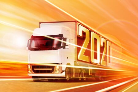 White semi truck like incoming year 2020 moving on roadの写真素材