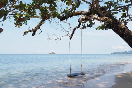 Wooden swing under tree on Koh Chang beach,Thailandの写真素材