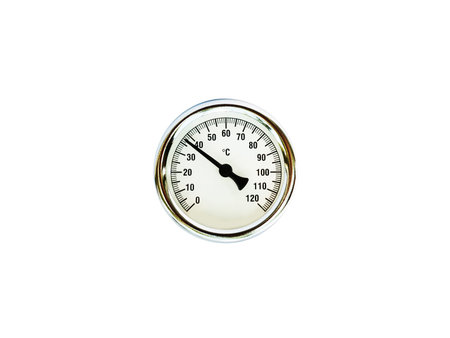 Round analog thermometer for temperature measurement. n a white background, front view.の写真素材