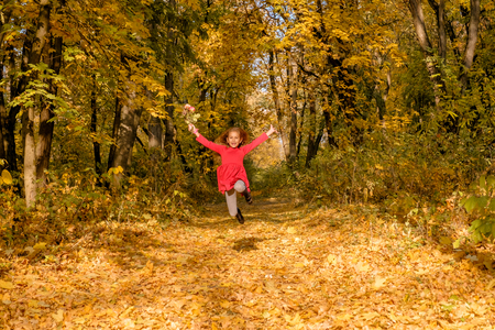 Little cute girl in a red dress runs and jumps with flowers in her hand and a toothy smile along the road of the autumn forest. Concept happy carefree childhood. copy spaceの写真素材