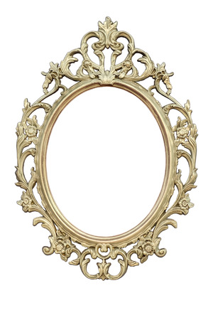 Openwork oval golden colored frame isolated on white background.の写真素材