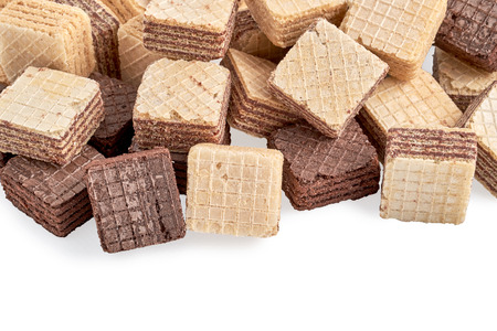 heap of square wafer biscuits isolated on white background. Top viewの写真素材