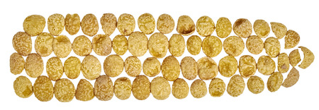 Corn flakes in corn cob. Cornflakes closeup. White background. Corn flakes food ingredient background. Top view. Dryの写真素材