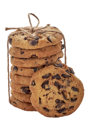 Stack of cookie with chocolate crumbs tied twine isolated on white background. Closeup viewの写真素材