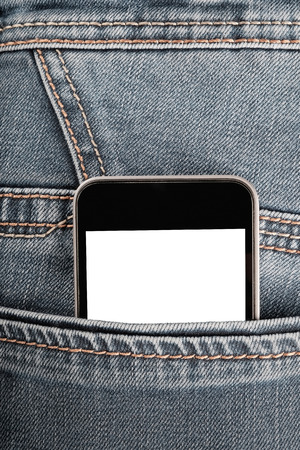 Mock up with modern  smartphone in jeans pocket. blank space for your banner or text on screen. Vertical orientationの写真素材