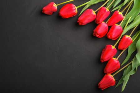 Bouquet of beautiful red tulips on black background with copy space for text. Festive greeting card conceptの写真素材