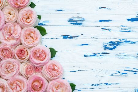 Flowers composition. pink roses and leaves on aged blue wooden background. Summer flat lay, top view, copy space.の写真素材
