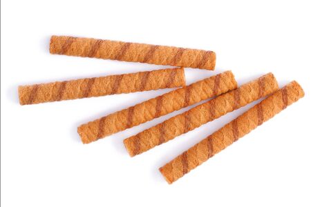 Wafer rolls with chocolate and cocoa filling isolated on white backgroundの写真素材