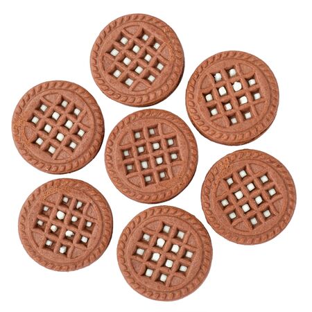 Brown chocolate milky cream filled cookies isolated on white. Top viewの写真素材