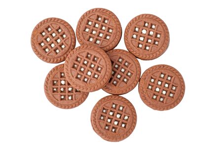 Brown chocolate milky cream filled cookies isolated on white. Top viewの写真素材