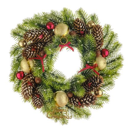 Christmas composition with Wreath made of christmas tree branches,bows, beads and pine cones with red and golden balls isolated on white background. Flat lay, top viewの写真素材