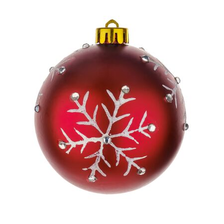 Red Christmas ball with painted snowflakes isolated on white backgroundの写真素材