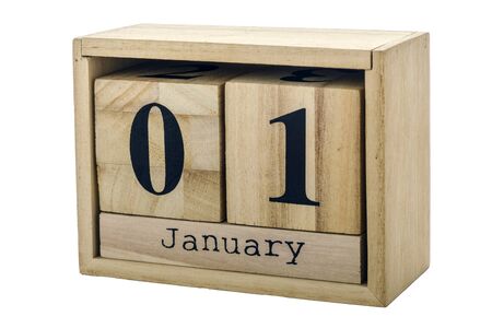 Planner wooden cube with numbers, 1 day of the month of January, winter isolated on white background.の写真素材