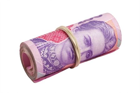 Ukrainian national currency, bundle banknotes value of 200 hryvnia UAH. Closeup view, isolated on whiteの写真素材