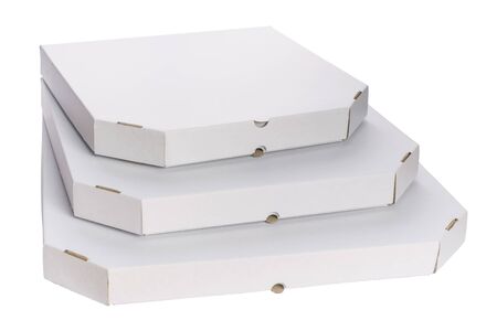 Close Up Stack Of Three Empty Different Size Carton Boxes For Pizza Isolated On White Backgroundの写真素材