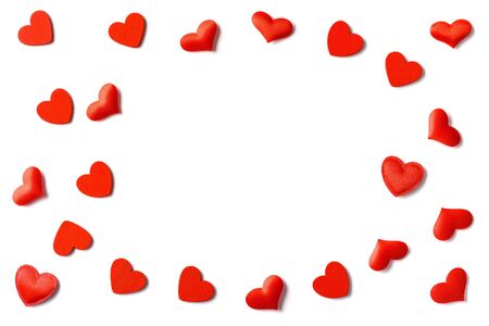 Festive composition from red gift box, snowflakes, hearts scattered and isolated on white background, valentines day concept, copy space for text, flatlayの写真素材