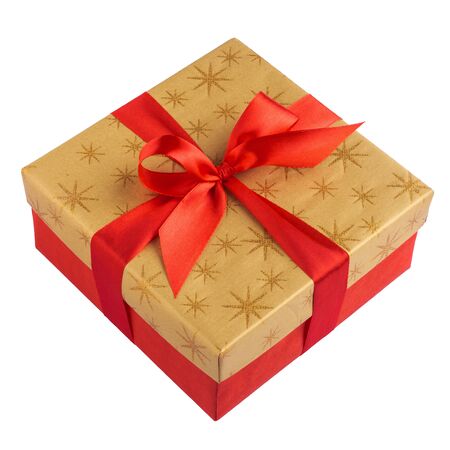 Red gift or present box with golden colored top and red ribbon bow isolated on white background, top view, for sales, birthday, mother day or christmasの写真素材