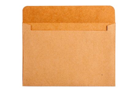 Yellow opened craft envelope, isolated on white background at the studio, top viewの写真素材