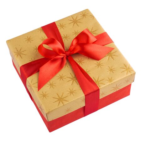 Red gift or present box with golden colored top and red ribbon bow isolated on white background, top view, for sales, birthday, mother day or christmasの写真素材