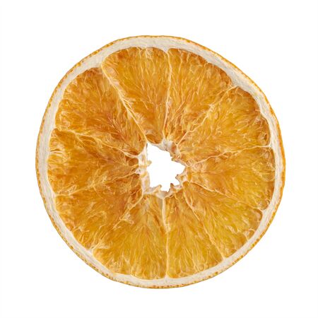 dried orange slices isolated on white background. Top view, flatlay. no shadowsの写真素材