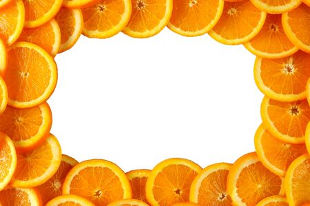 composition of sliced oranges, frame isolated on white background with copy space for text or advertising. Top view., flatlayの写真素材