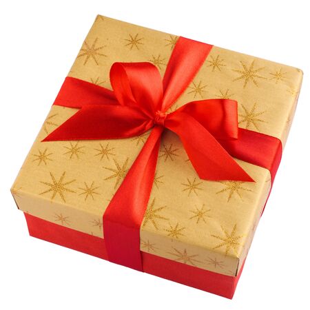 Red gift or present box with golden colored top and red ribbon bow isolated on white background, flatlay, top view, for sales, birthday, mother day or christmasの写真素材