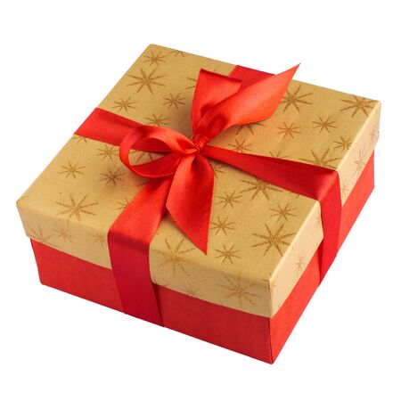 Red gift or present box with golden colored top and red ribbon bow isolated on white background, for sales, birthday, mother day or christmasの写真素材