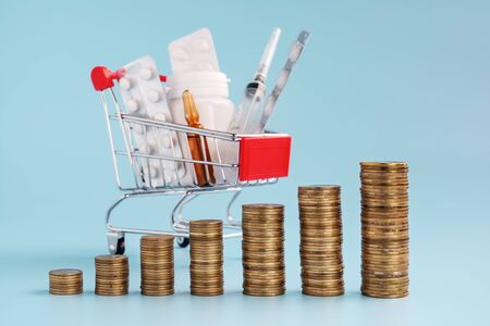 stacks of coins in a row ascending, shopping trolley cart filled medicinal tabletsand pills on background, selective focus. most expensive drugs or rising drug prices concept.の写真素材