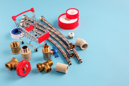 empty red shopping cart, brass ball valve, polypropylene fittings, tee, sealing tape and flexible...