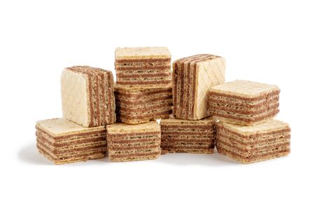Pile of wafer biscuits cubes isolated on white backgroundの写真素材
