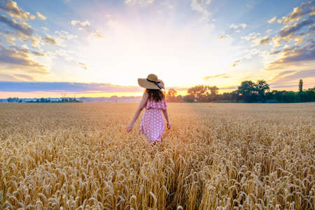 young woman in a straw hat on her head walks across a wheat field with her back to the camera on sunrise. Copy spaceの写真素材