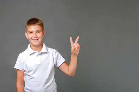 caucasian kid standing over isolated grey background and showing victory signの写真素材