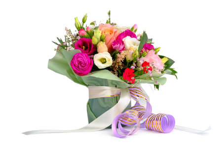 colorful flower bouquet arrangement isolated on white backgroundの写真素材