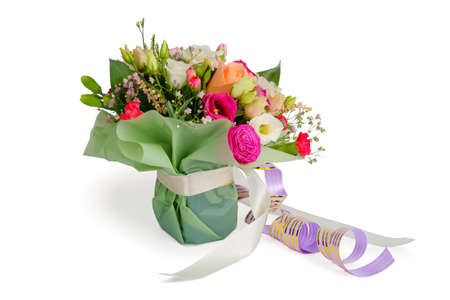 colorful flower bouquet arrangement with ribbons isolated on white backgroundの写真素材