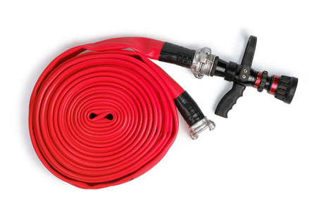 Red rolled firefighter hose isolated on the white background. Flat Lay, top viewの写真素材