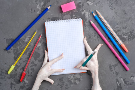 Chicken paw holds a pencil over a sheet of white paper for writing. Chicken scratch and National Handwriting Day celebration concept, top view, copy spaceの写真素材