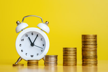 Stacks of coins in row ascending and alarm clock with currency signs instead of numbers. Time is money, efficient business, great income in short time concepts. Copy space for textの写真素材